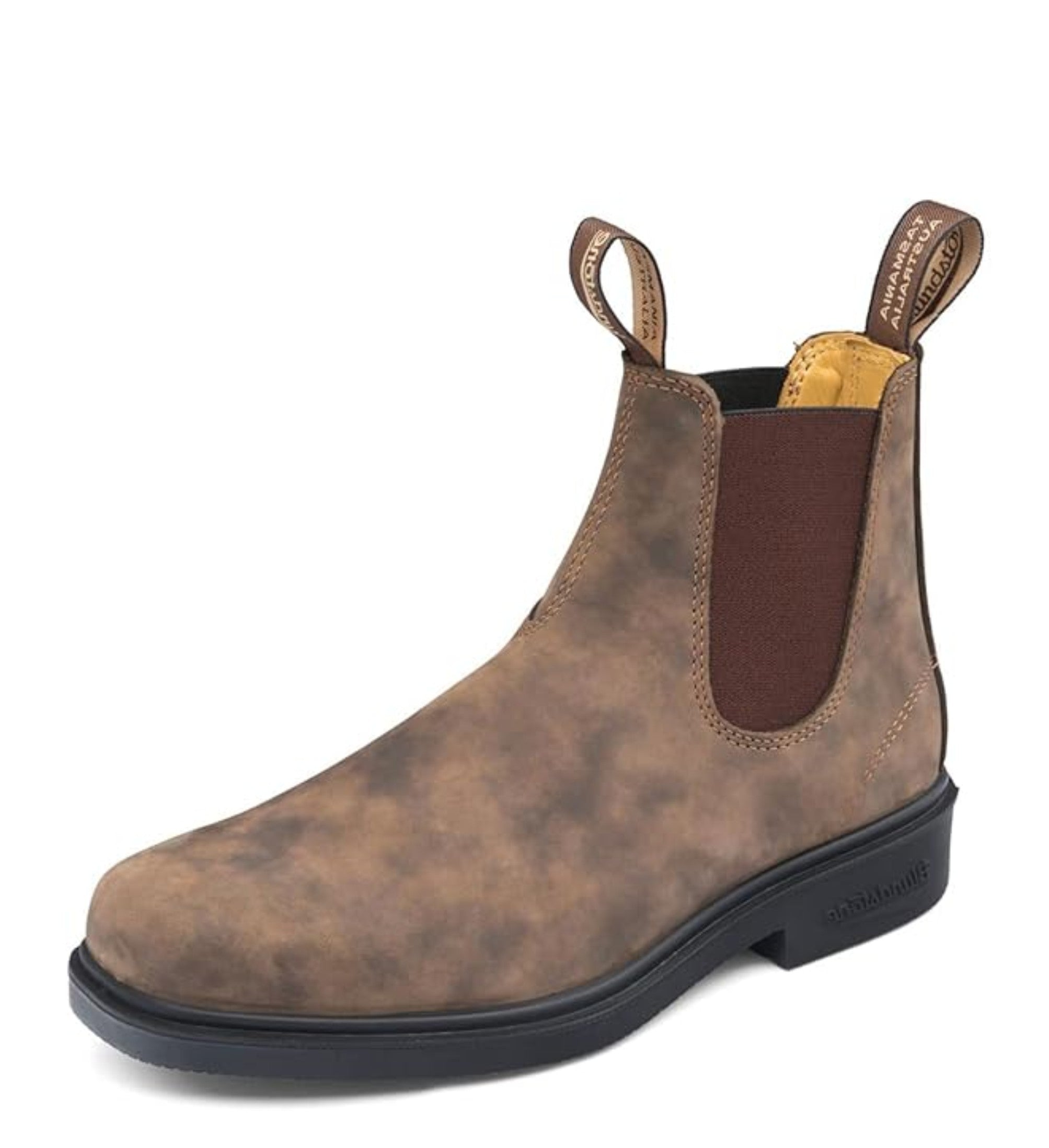 A Blundstone Style 1306 Dress Chelsea Boot in rustic brown color with a chisel toe and a side pull tab.
