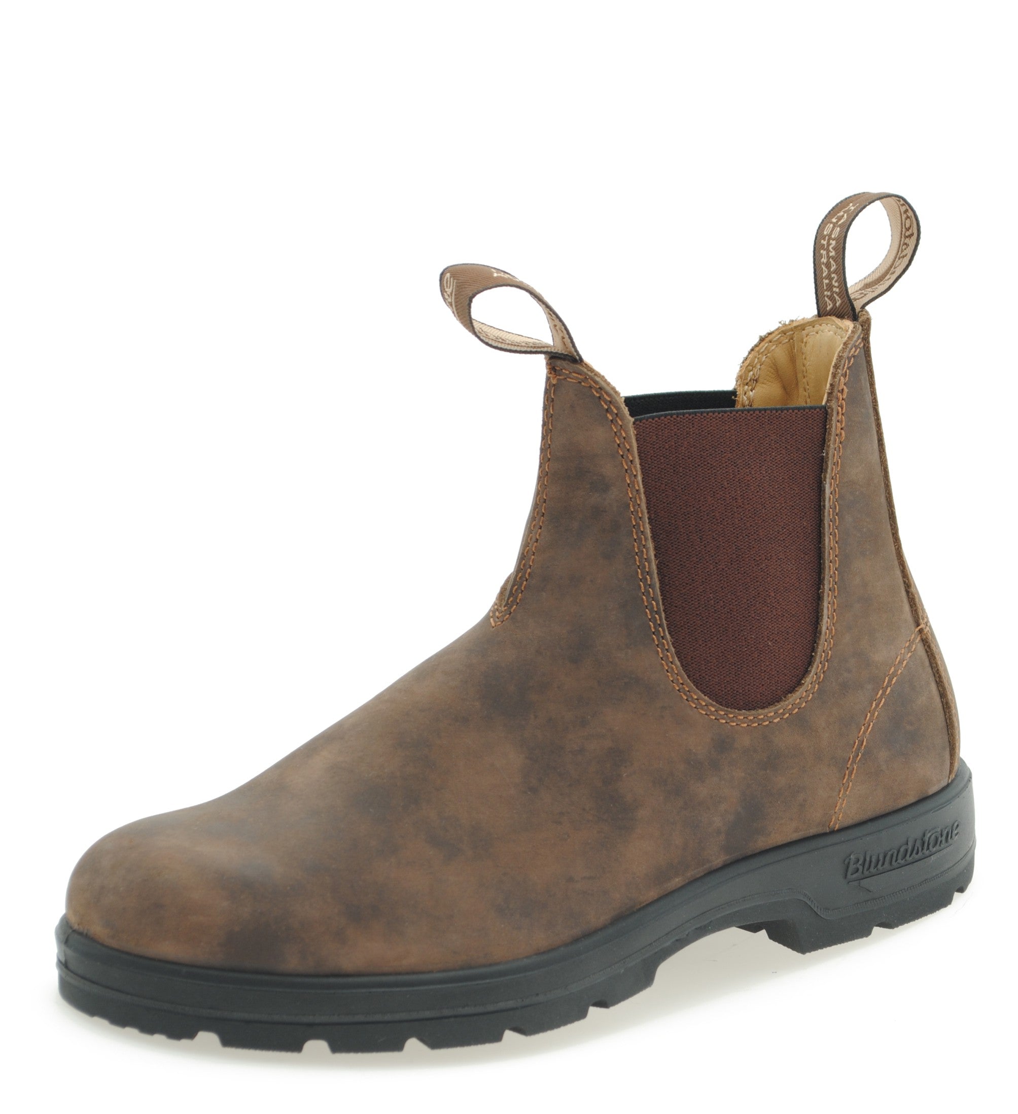 A Blundstone 585 Classic Chelsea Boot in rustic brown color with a black sole and elastic side panels.